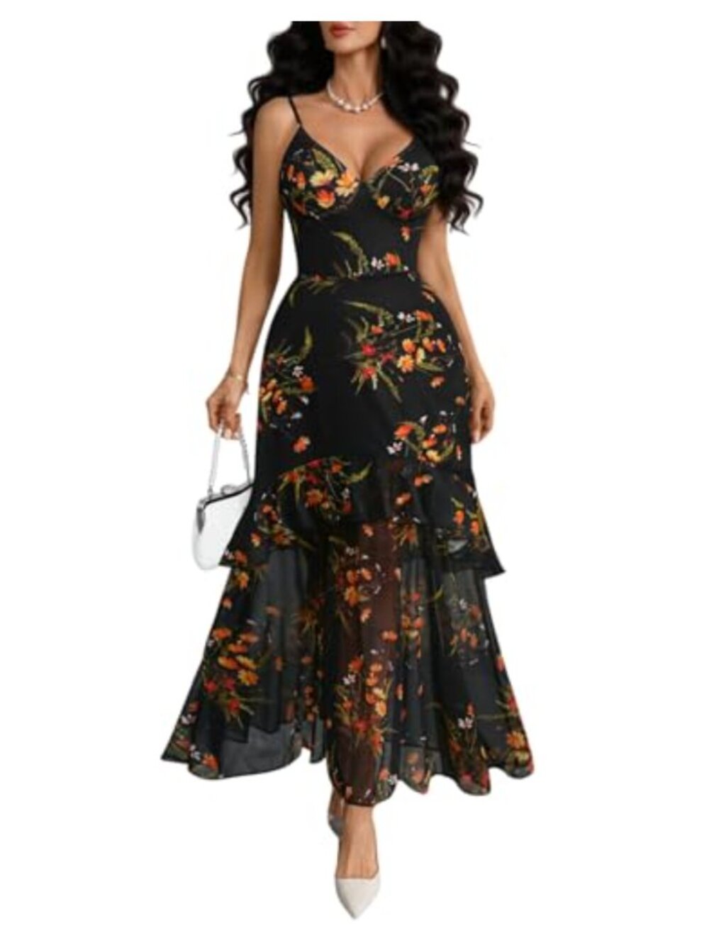 Floral Mesh Maxi Dress V Neck Sleeveless Tiered Ruffle Party Wedding Guest